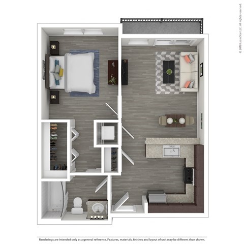Floor plan for 1 bed, 1 bath, 657 sqft